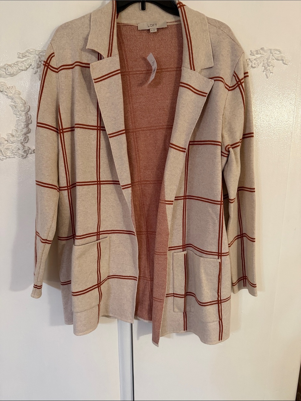 LOFT Cream Cardigan with Rust Windowpane Trim. 100% cotton knit. SZ XL
